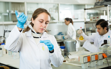 Fototapeta premium Female pipetting reagent in test tube