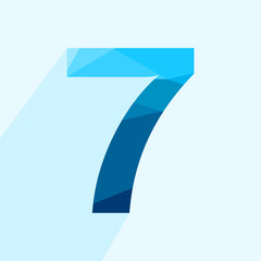 Blue vector polygon seven number font with long shadow.  Low poly illustration of flat design.