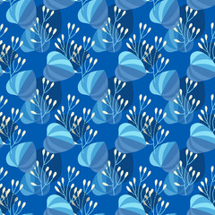 Bright vector pattern of flowers and leaves on a dark blue background. Perfect for packaging, textiles and design in printing