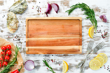 Cooking banner. Seafood. Top view. Free space for your text.