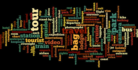 Travel word cloud illustration on black background
