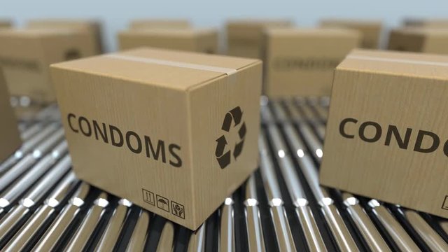 Cartons with condoms on roller conveyors. Loopable 3D animation