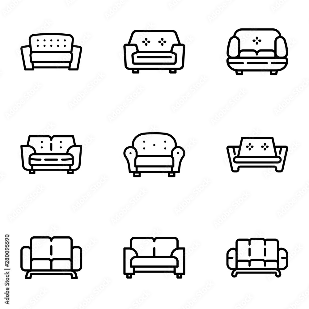 Poster sofa icon set. outline set of 9 sofa vector icons for web design isolated on white background