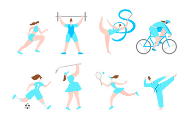 Women Professional Sport Cartoon Characters. Healthy Fitness Lifestyle. Girl Female Activities. Flat Illustration
