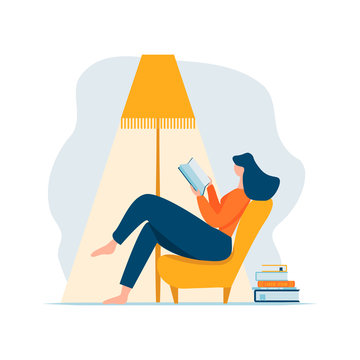 Young adult woman reading book relaxing sitting in chair under lamp and stack of books. Cartoon female character reclining on sofa and having rest at home