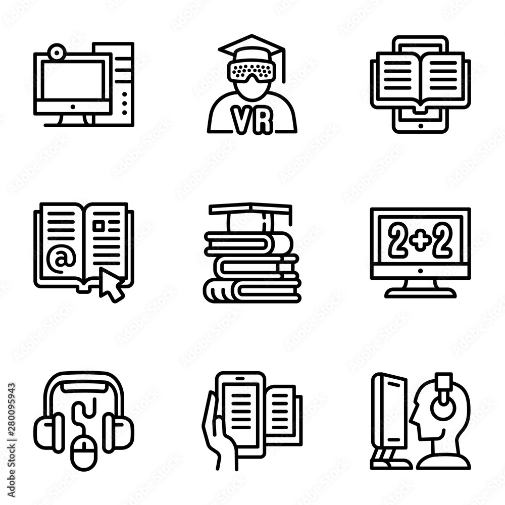 Poster web library icon set. outline set of 9 web library vector icons for web design isolated on white bac