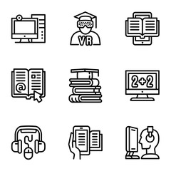 Web library icon set. Outline set of 9 web library vector icons for web design isolated on white background