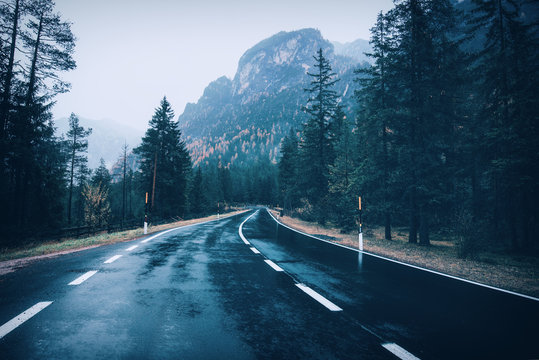 Road in the summer foggy forest in rain. Landscape with perfect asphalt mountain road in overcast rainy day. Roadway with reflection and green trees in fog. Vintage style.  Empty highway. Travel