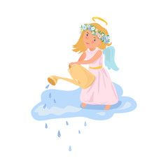 Cute blonde angel girl use watering can to shower