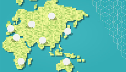 Green asia and europe pixel map with empty bubbles