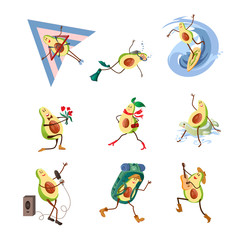 Set of cute avocado character in different extreme activity