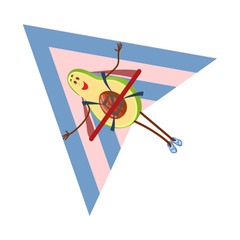 Cute happy free avocado character flying on paraplane