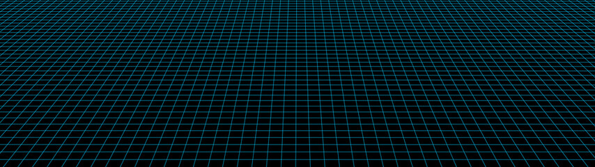 Vector perspective grid. Detailed lines on black background. Widescreen illustration.