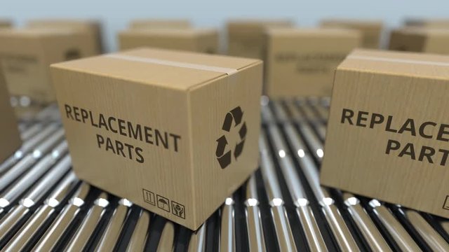 Boxes with replacement parts on roller conveyors. Loopable 3D animation