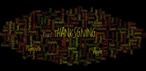 Thanksgiving word cloud illustration on black background
