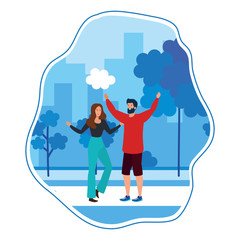 young lovers couple celebrating in the park