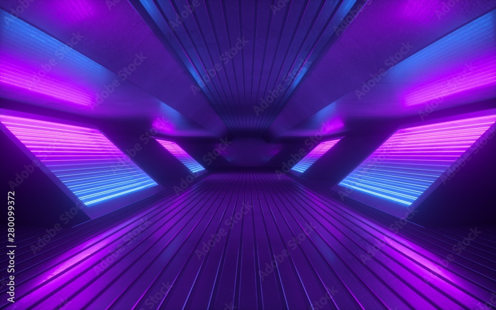 Sticker 3d render, blue pink violet neon abstract background, ultraviolet light, night club empty room interior, tunnel or corridor, glowing panels, fashion podium, performance stage decorations,