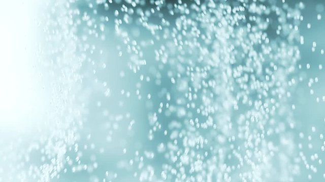 Blue water with bubbles in on blue background, slow motion movement, concept of clean and purity, 3d render, seamless loop 4k animation