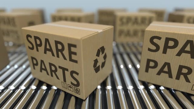 Cartons with spare parts on roller conveyors. Loopable 3D animation