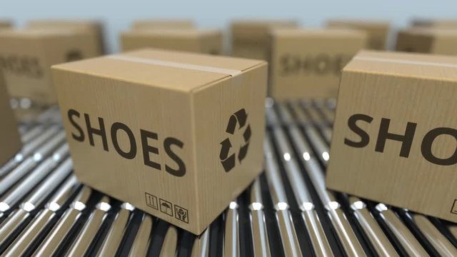 Cartons with shoes on roller conveyors. Loopable 3D animation