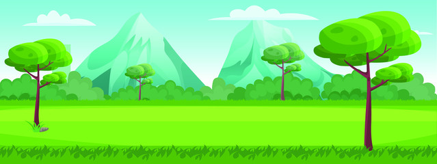Park with mountains and bushes. On the background of the city. Beautiful cartoon landscape. Panoramic banner.