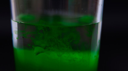 a few drops of green poison in a glass that is being mixed up with water