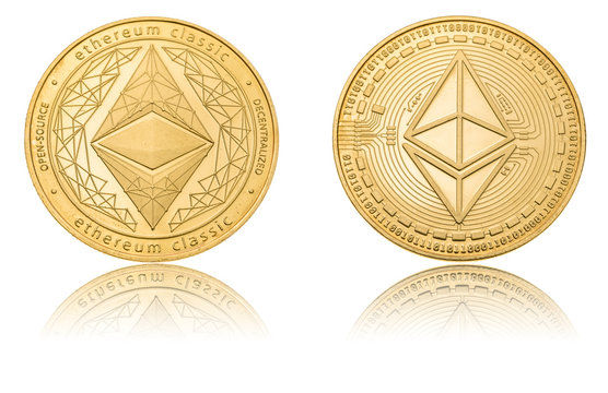 Gold ryptocurrency coin - etherum classic, isolated on a white