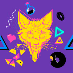 Abstract psychedelic pattern with pop and zine culture elements cats and donuts on purple background
