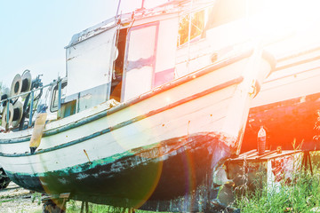 old rare beautiful boat in the sea on nature background