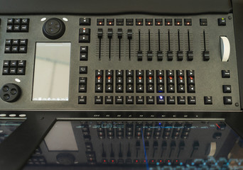 Sound equipment, large mixing console for sound producer.