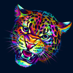 Growling leopard. Abstract, multicolored portrait of a snarling neon  leopard on a dark blue background.
