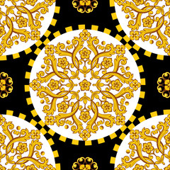 Seamless trendy barocco background. Golden ornamemtal round mandala with checkered border