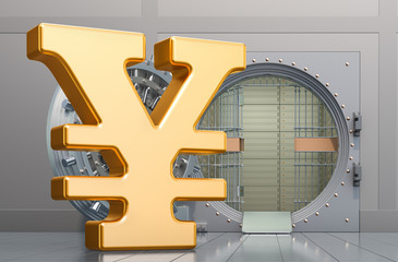 Yen or yuan symbol sign with opened bank vault, 3D rendering