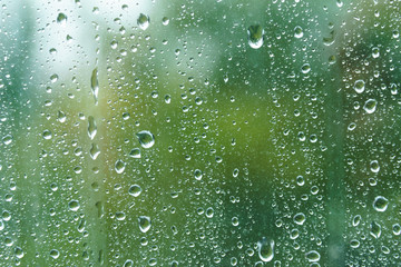 Close up of fresh water drops on window glass on background of green leaves. Raindrops on windowpane in summer day. Droplets on glass with blurry summer garden background.