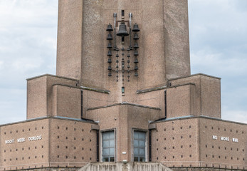 Diksmuide, Flanders, Belgium -  June 19, 2019: Foot of medestal of IJzertoren, tallest peace...