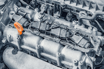 Details of the engine of a car.