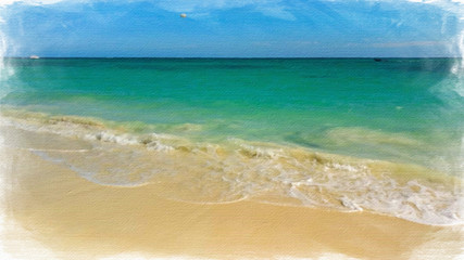 Artistic oil painting on canvas nature scene. Travel at summer artwork. Tropical adventure drawing for poster and postcard print. 