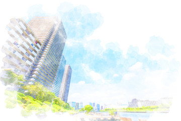 東京の高層マンション High-rise apartment in Tokyo. Illustration of watercolor painting style. - obrazy, fototapety, plakaty