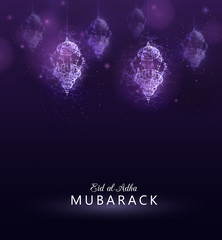 Eid Mubarak. greeting background. Card design template. Ramadan Kareem. Eid Al-Adha. luminous lanterns. Persian motiff. Arabic symbols.