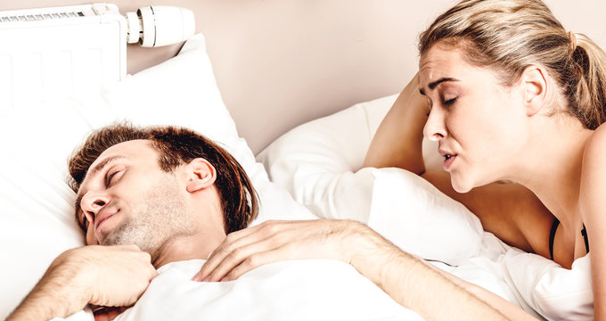 Woman Can't Sleep In Bed Because Of Snoring Man Sleeping Next To Her.