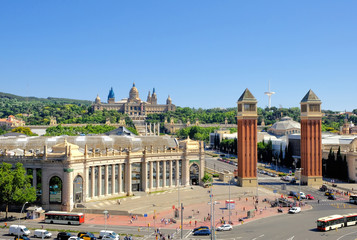 Barcelona, Spain, Picturesque view on the tourist city - Square of Spain, iconic landmark by...