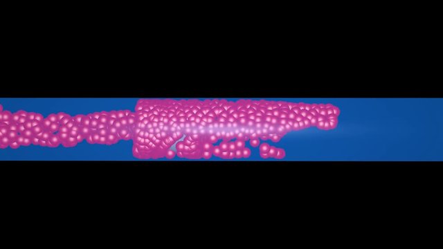 Particles moving through tube . Blockage in pipe . 3d animation