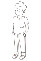 Teenager man smiling and greeting cartoon in black and white