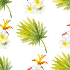 Fototapeta na wymiar Exotic tropical leaves. Seamless pattern on white isolated background. Fashion beach art print Wallpaper. Watercolor illustration