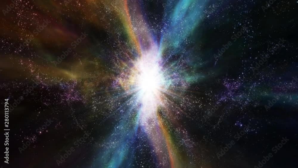Wall mural traveling through star fields in space as a supernova bursts light (loop).