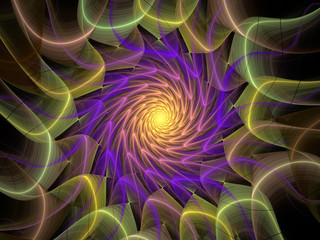 Abstract Green and Purple Spiral Background Image, Illustration - Infinite repeating spiral, color vortex. Recursive symmetrical patterns of colorful warped shapes, abstract twisted geometric patterns