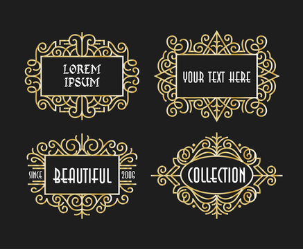 Beautiful Set Vintage Ornament Golden Exclusive Line Art Minimalist Badges Luxury Label Design Elements