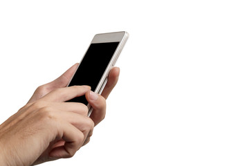 Close up of hand holding blank advertising smartphone advertisement for adjust your message isolate on white background, with clipping path.