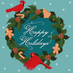 Greeting card with birds red cardinal and wreath. Vector graphics.