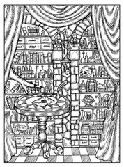 Letter in alchemy laboratory. Black and white mystic concept for Lenormand oracle tarot card.